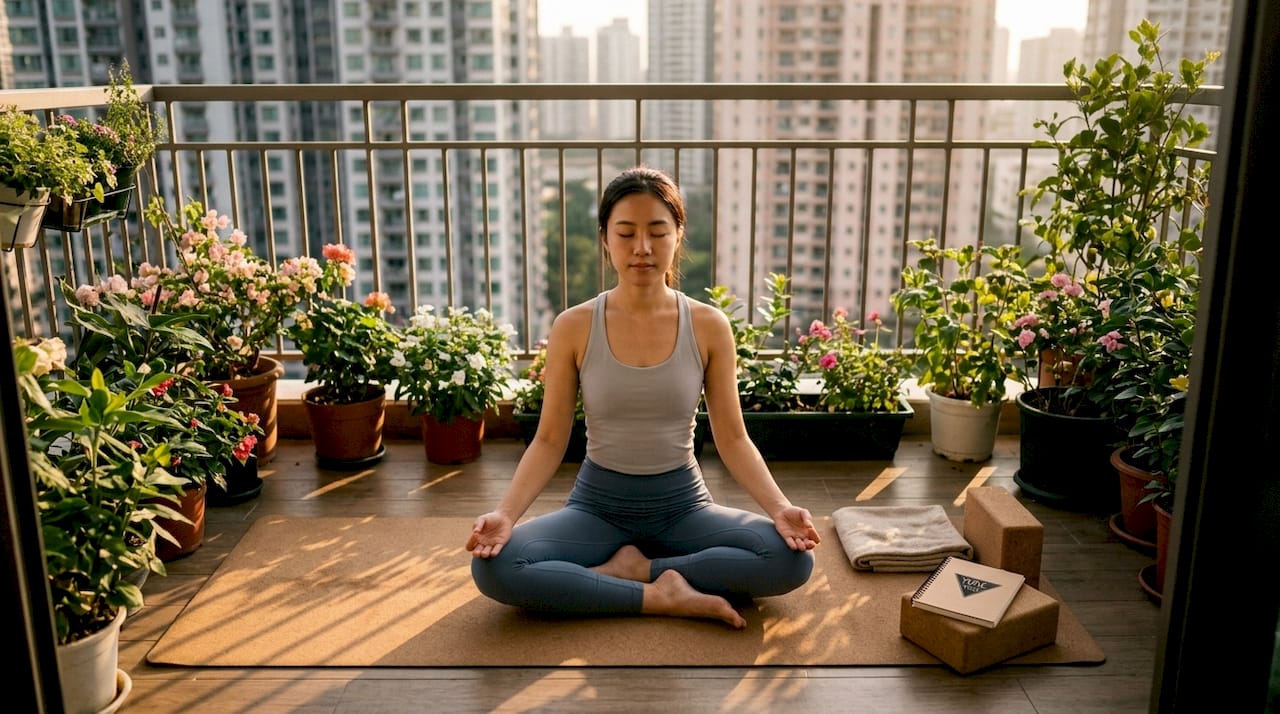 Woman meditating on compostable cork yoga mat outdoors