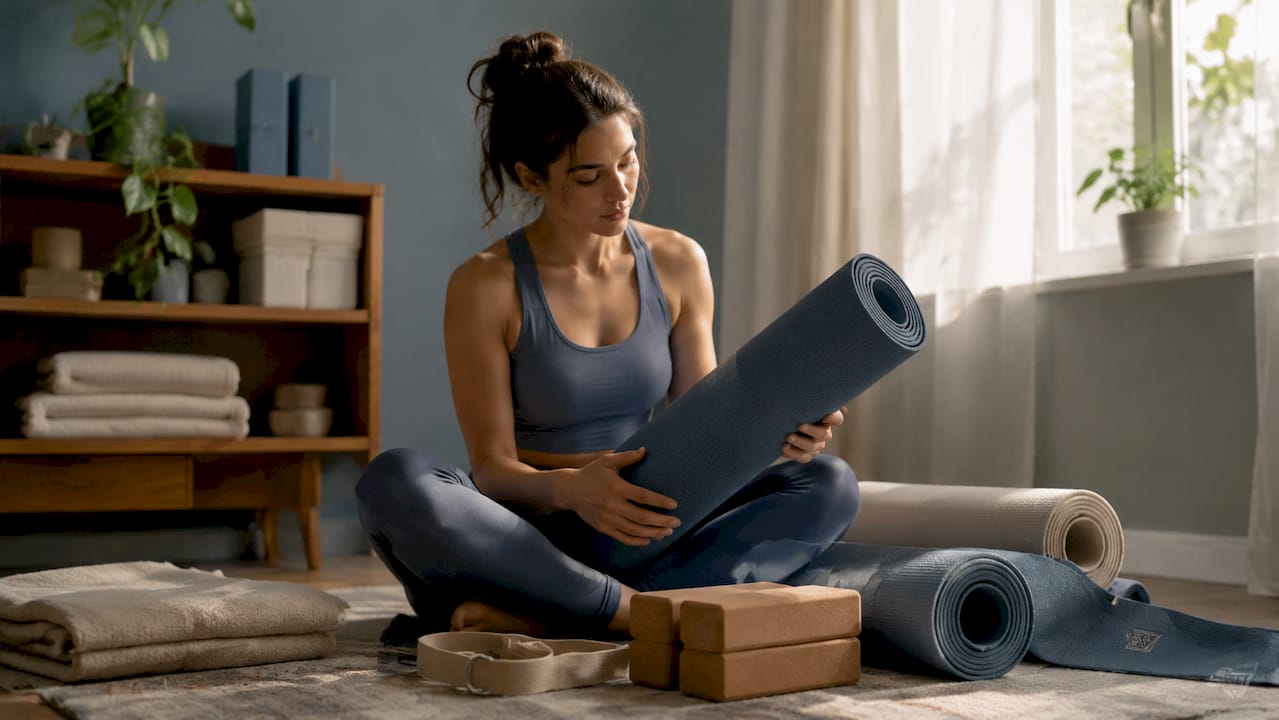 Woman inspecting eco-friendly yoga mats in studio