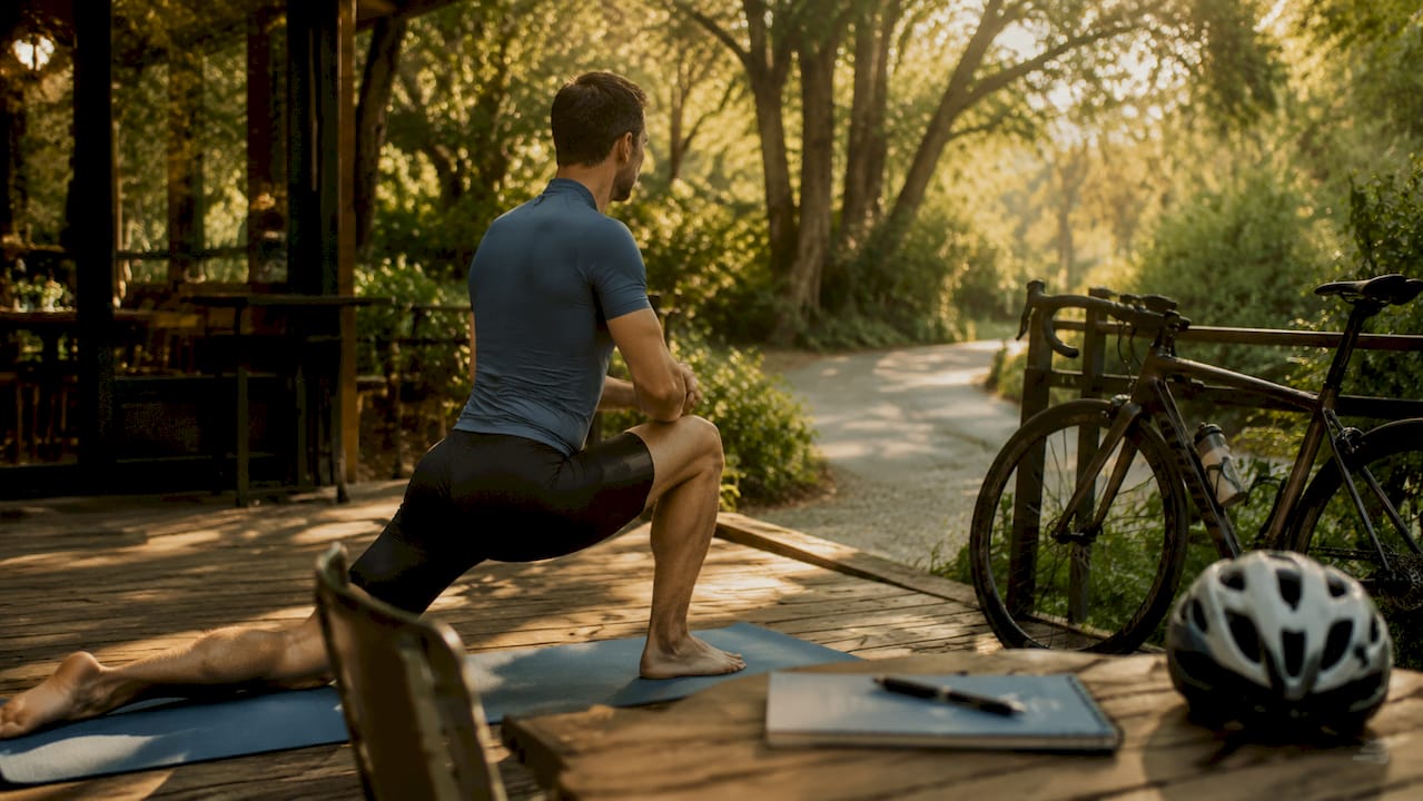 Cyclist stretching hip flexors outdoors