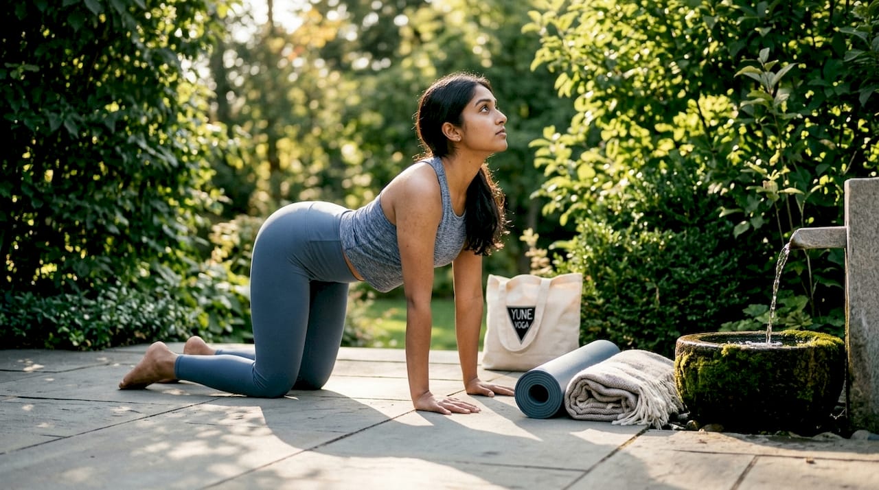 Woman doing yoga Cat-Cow stretch at home