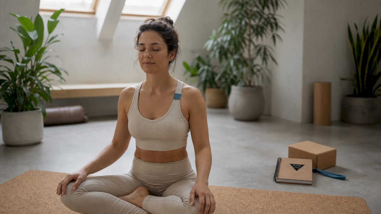 Woman meditating on cork yoga mat in bright home studio