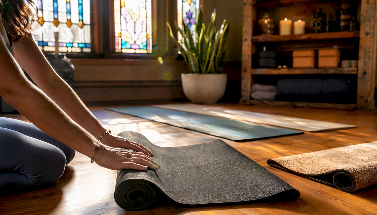 Various types of yoga mats in sunlit studio corner