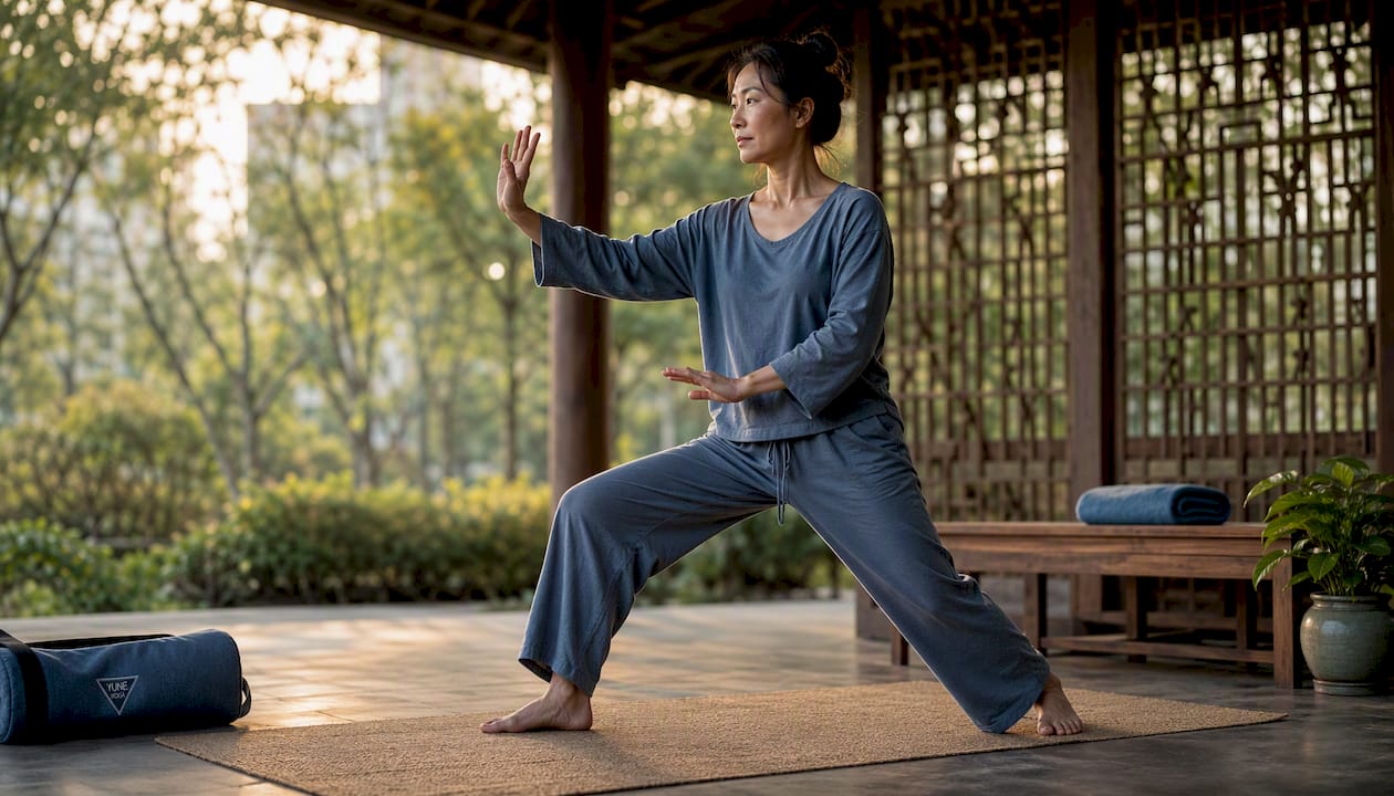 Woman practicing Tai Chi outdoors on natural fiber mat