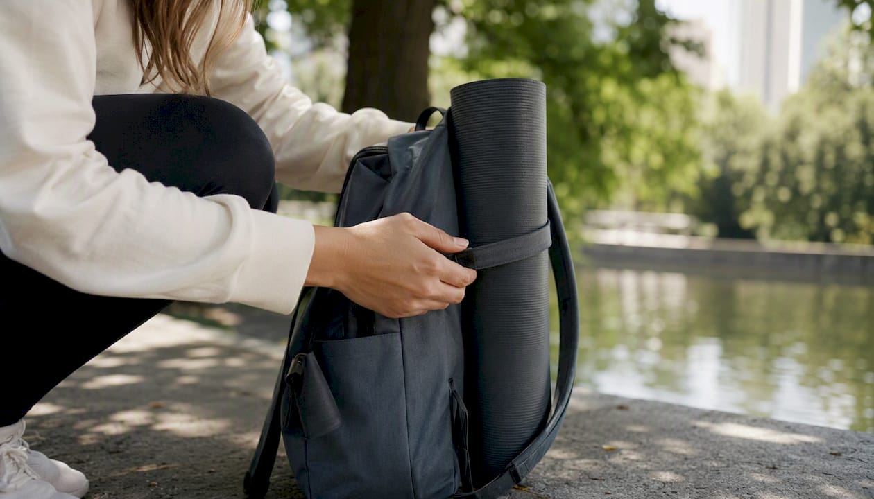 Hand securing yoga mat to backpack side straps