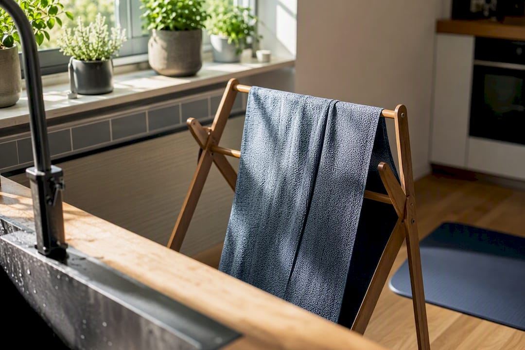 Yoga towel drying after rinse near bathroom tap