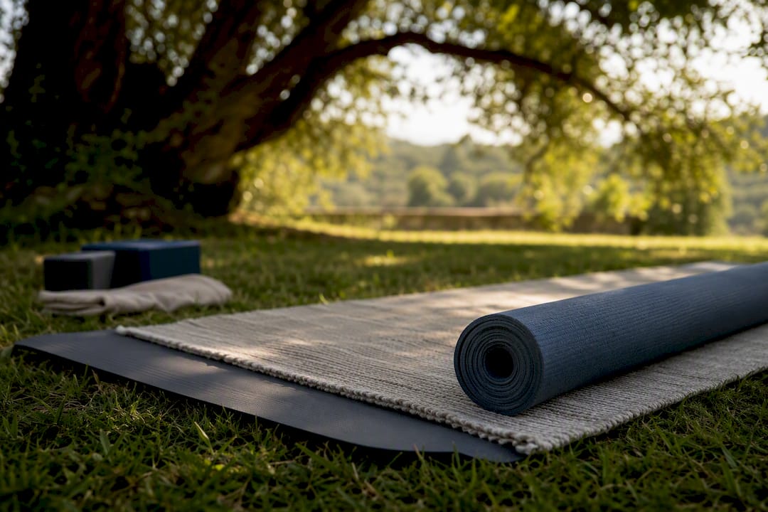 Cotton yoga rug layered on yoga mat indoors