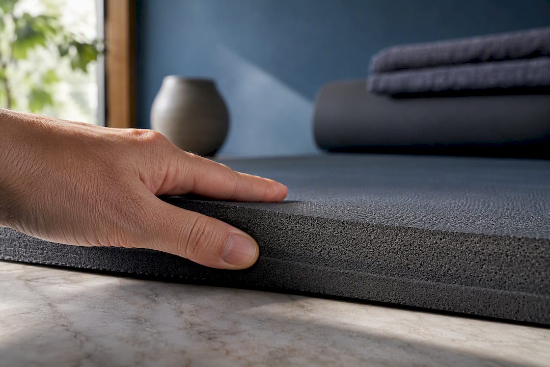 Hand pressing dense layered yoga mat edge