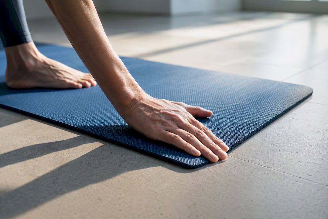 Hand testing yoga mat grip on tile