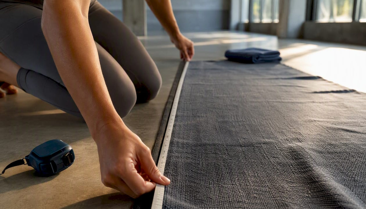 Hands measuring a yoga towel length