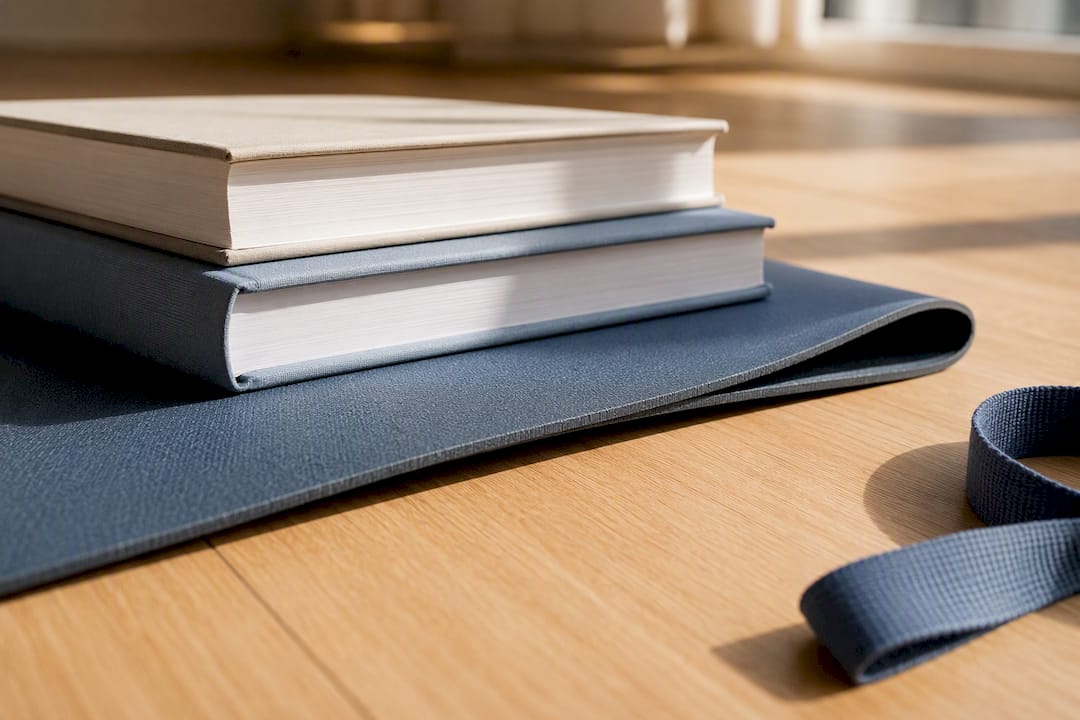 Yoga mat edge flattened under books