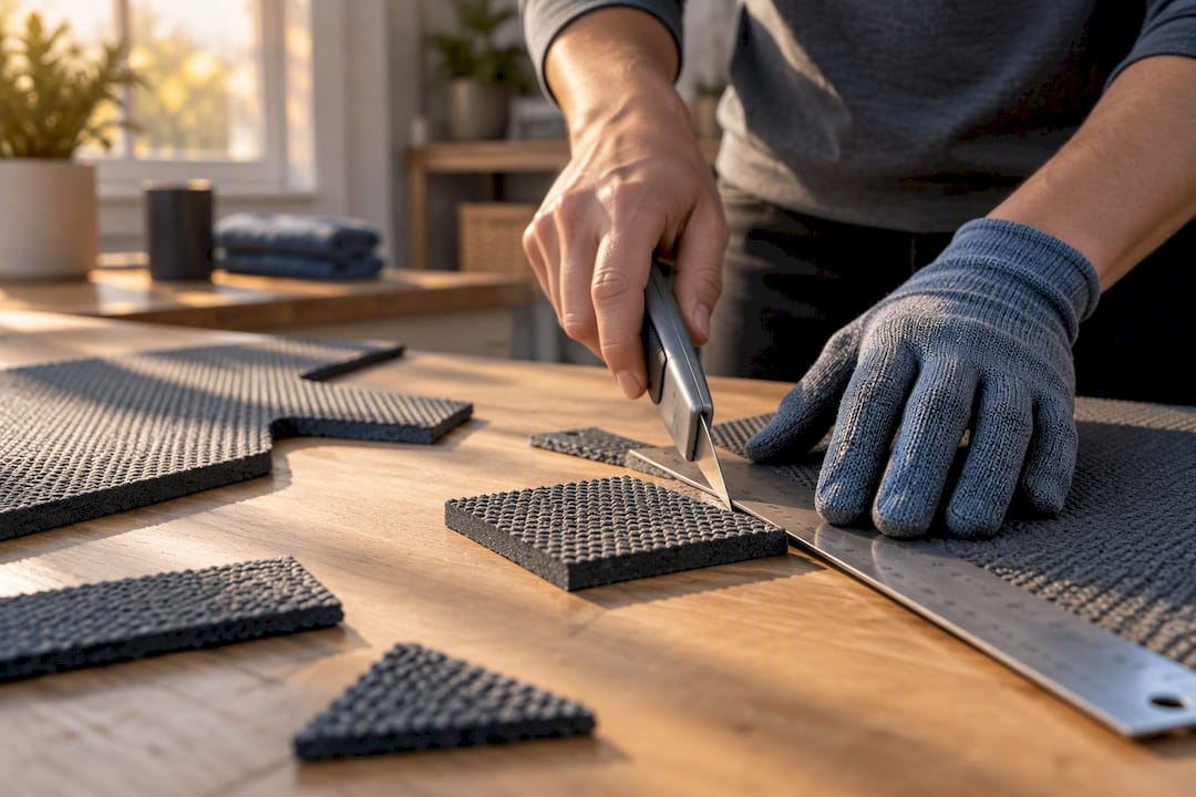 Hands cutting an old mat scrap for upcycling