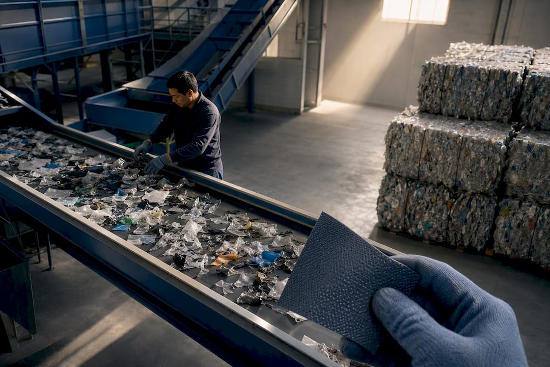 PVC material fragments on recycling conveyor