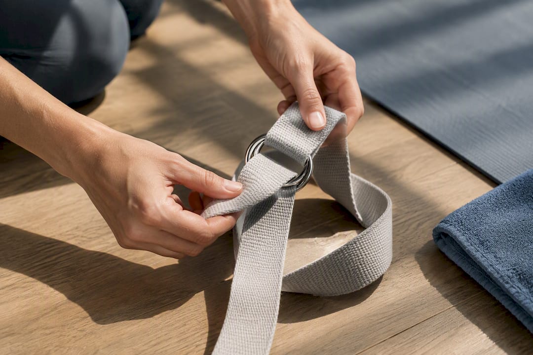 Hands threading yoga strap through rings