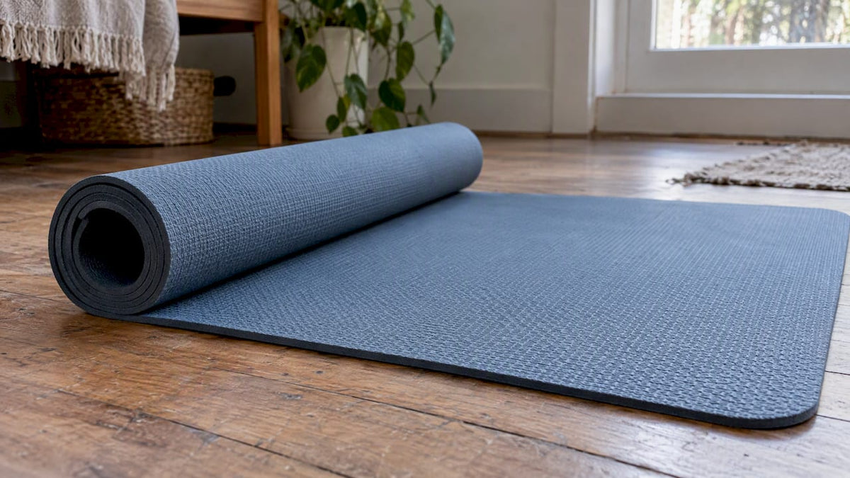 Muted blue-gray TPE yoga mat unrolled