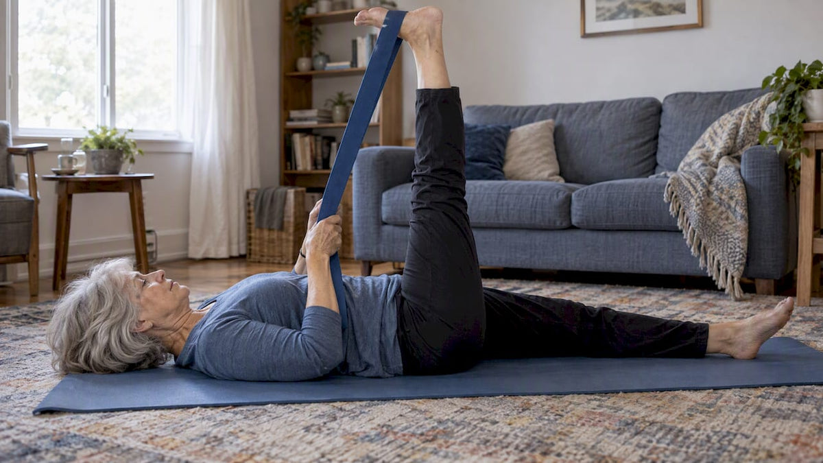 Older woman stretching with a yoga strap