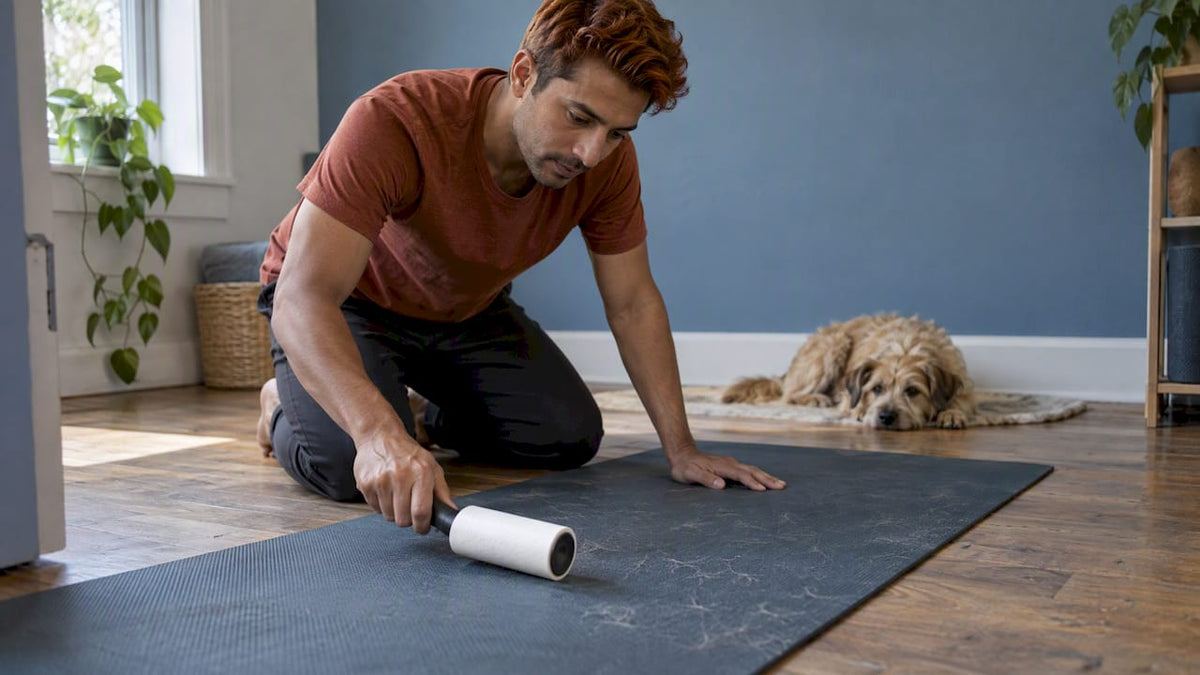 Lint rolling pet hair from a yoga mat