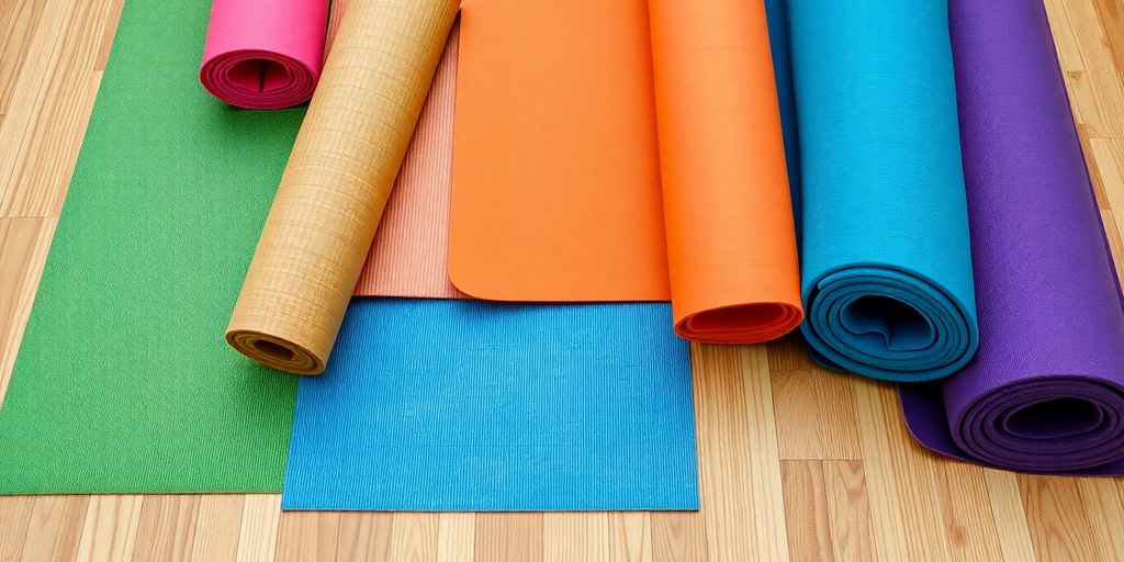 Colorful yoga mats laid out on a wooden floor.