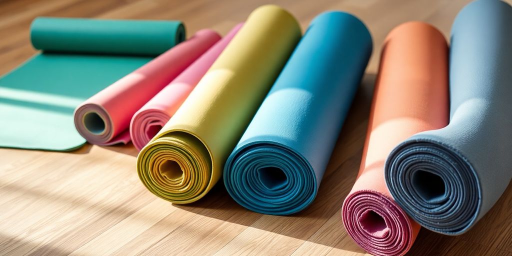 Colorful yoga and Pilates mats on a wooden floor.