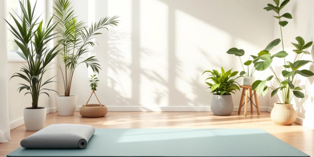Portable yoga mat in a peaceful home setting.