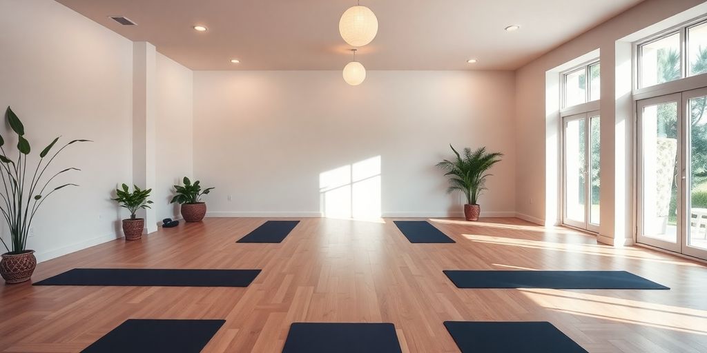 Calm yoga studio with mats and natural decor.