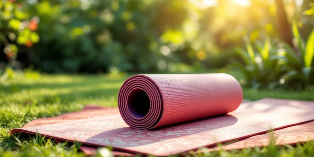 Colorful yoga mat on a peaceful outdoor setting.