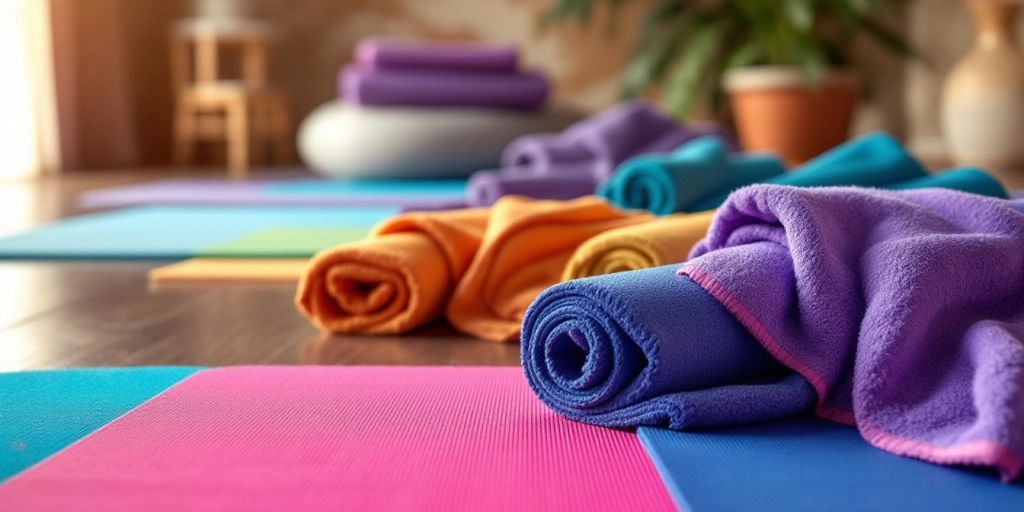 Colorful yoga mats and towels in a calm studio.