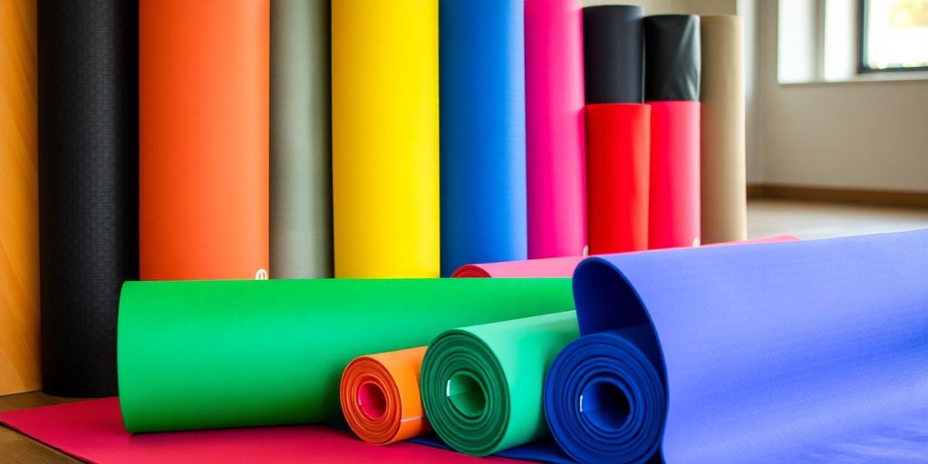 Colorful yoga mats arranged in a serene studio setting.