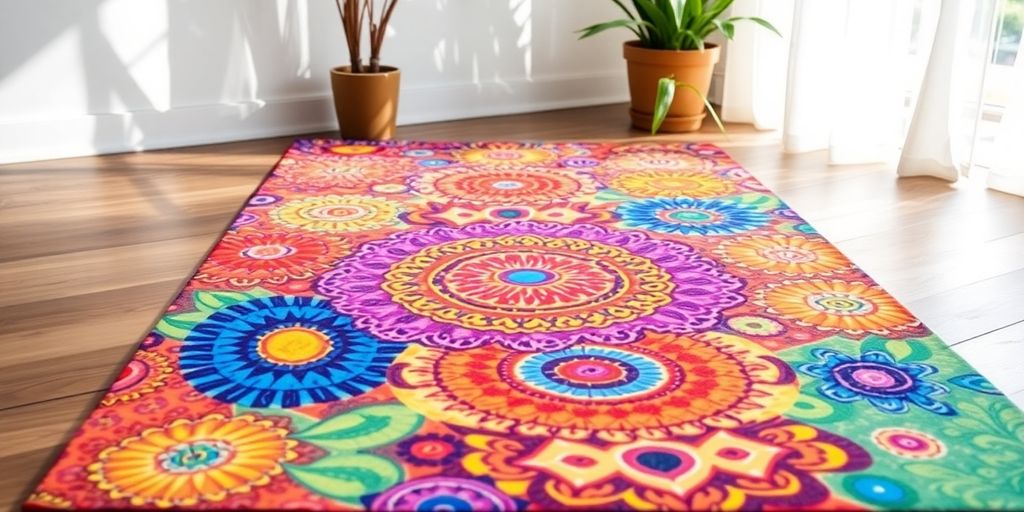 Colorful personalized yoga mat on a wooden floor.
