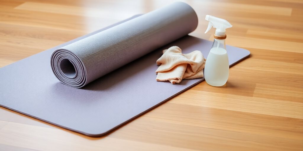 Clean yoga mat with spray bottle and cloth nearby.