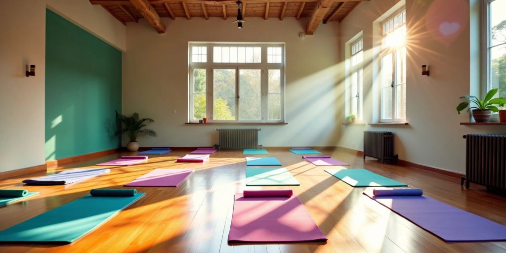 Colorful yoga mats in a bright studio setting.