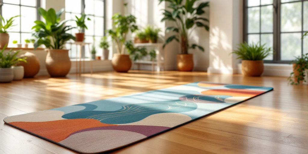 Eco yoga mat on a wooden floor in a studio.