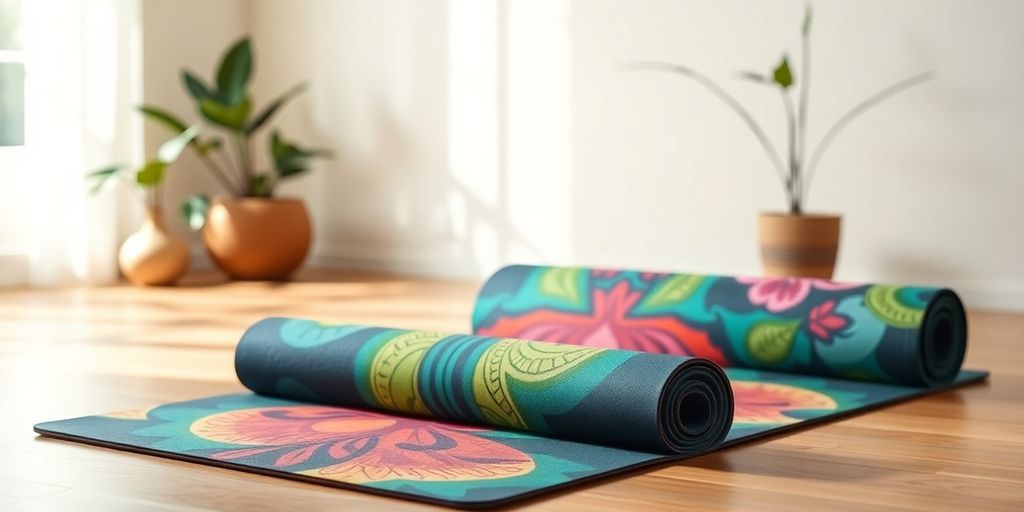Colorful yoga pilates mat in a peaceful setting.