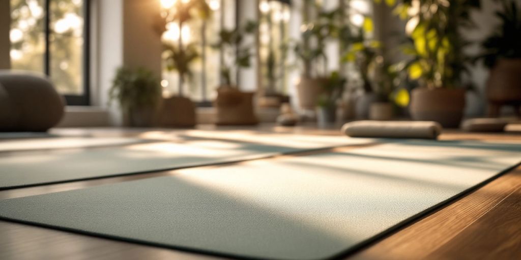 Natural rubber yoga mat in a tranquil studio setting.