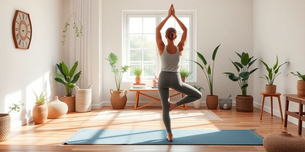 Person practicing yoga at home in a peaceful setting.