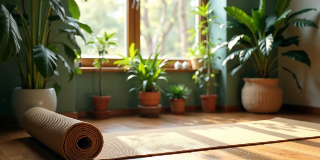 Natural rubber yoga mat on wooden floor with plants.