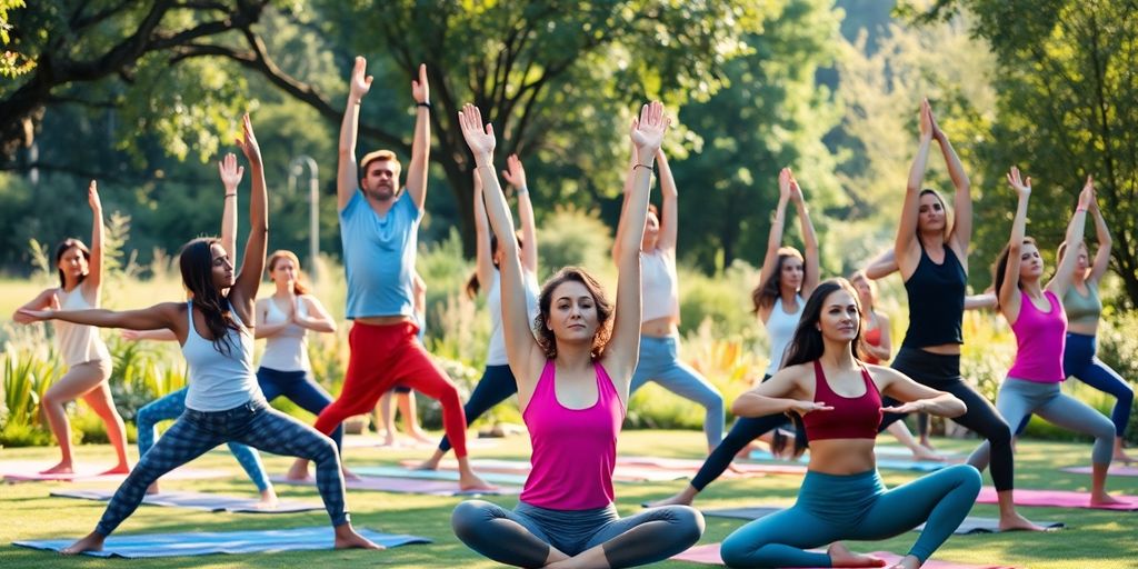 People practicing yoga poses in a serene outdoor setting.