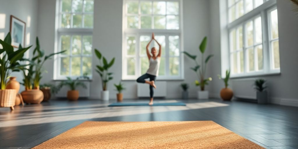 Cork yoga mat in a peaceful yoga studio setting.