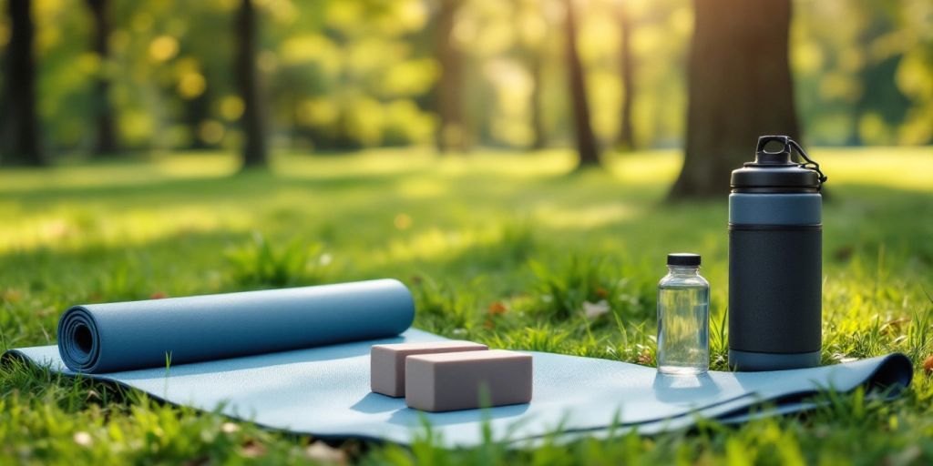 Lightweight yoga mat on grass in a tranquil outdoor setting.