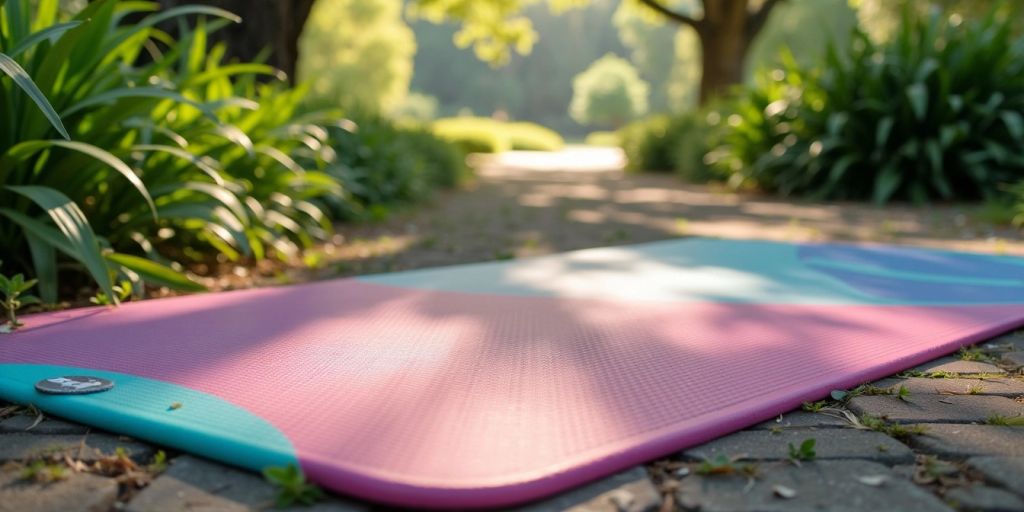 Colorful yoga mat on grass in natural light.