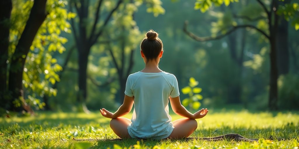 Person meditating peacefully in a tranquil natural setting.