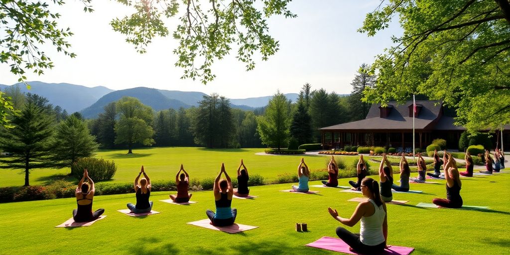 Yoga practitioners in a peaceful outdoor setting at Kripalu.