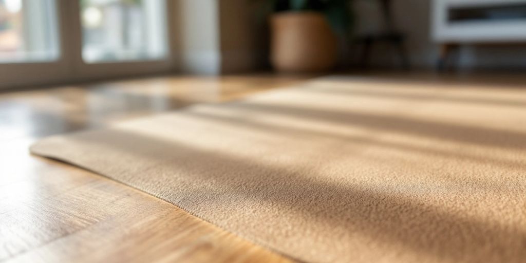 Suede yoga mat on a wooden floor in natural light.