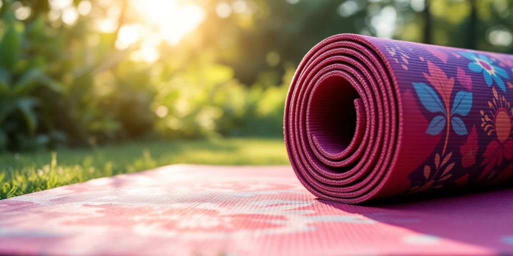 Colorful yoga mat on grass in sunlight.