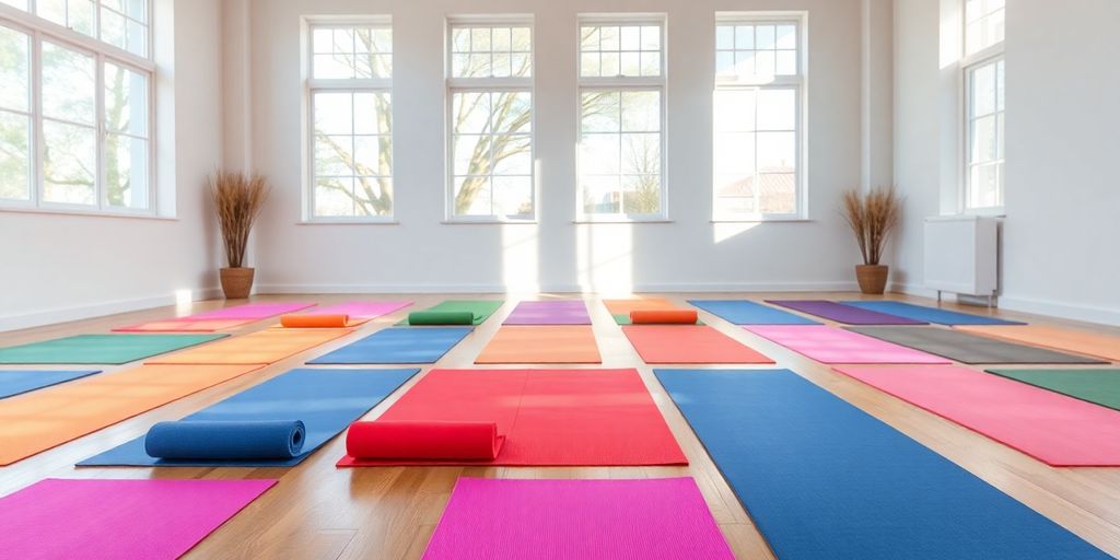 Colorful yoga mats arranged in a serene studio setting.