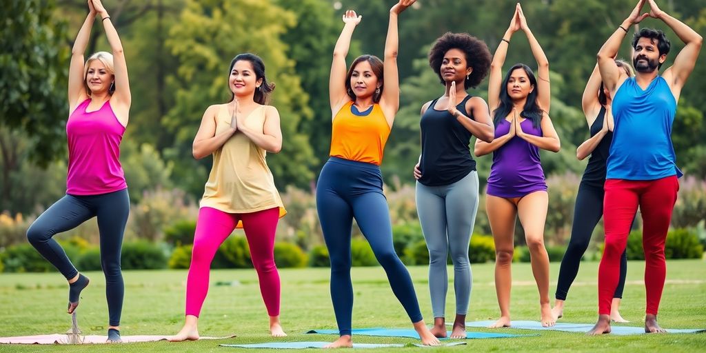 Diverse individuals in yoga wear practicing poses outdoors.