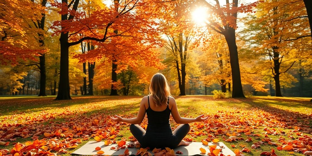 Person doing yoga in a colorful autumn setting.
