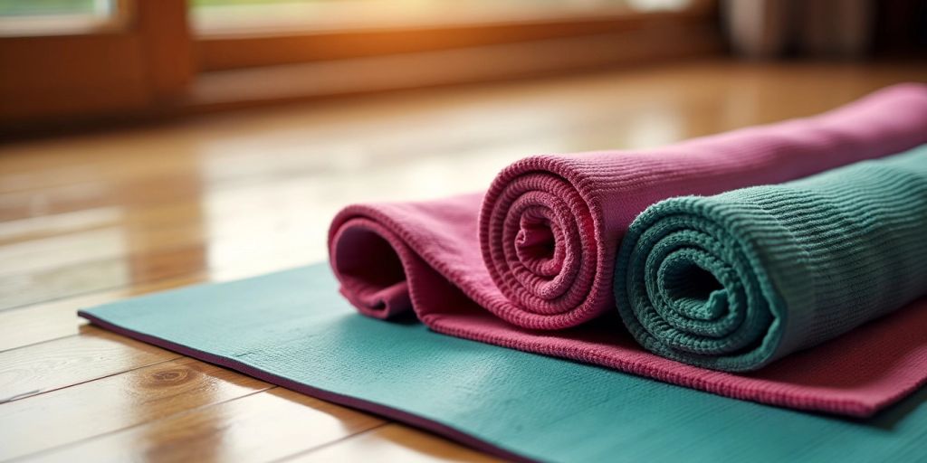 Colorful hot yoga mat and towel on wooden floor.
