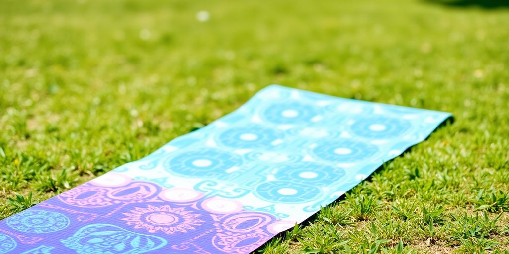 Reversible yoga mat in blue and green on grass.