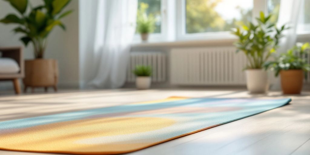 Yoga mat on studio floor with natural lighting.