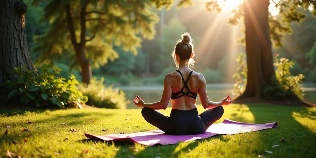 Yoga mat in nature with person practicing yoga.